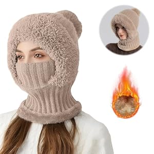 Tubeluck Women Knit Balaclava, Winter Hats 3 in 1 Cold Resistant Hat, Flexible Beanie Hats with Hairball Soft Thick Fleece Lined Face Mask for Outdoor Skiing Accessories Sports Winter Gift (Khaki)