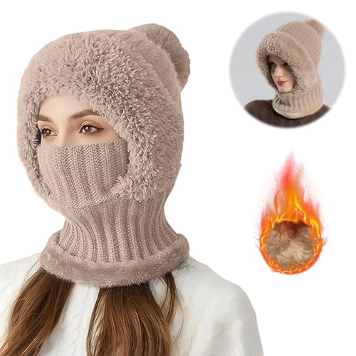 Tubeluck Women Knit Balaclava, Winter Hats 3 in 1 Cold Resistant Hat, Flexible Beanie Hats with Hairball Soft Thick Fleece Lined Face Mask for Outdoor Skiing Accessories Sports Winter Gift (Khaki)