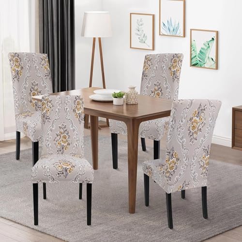Image of Styleys Elastic Chair Cover Stretch Removable Washable Short Dining Chair Cover Protector Seat Slipcover (Set of 4, Beige Iris, SD3044)