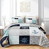 OUIXOTIC 3pcs Coastal Cottage Nautical Quilt Set King Size- Anchor, Sailboat, Compass Design! Reversible Patchwork Bedspread Coverlet - Blue, Gray, White - Preppy Aesthetic Bedding