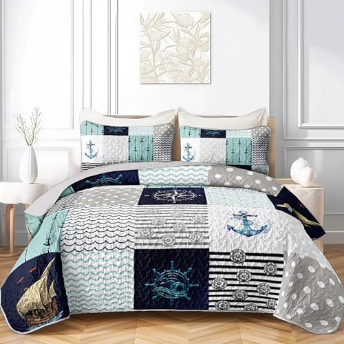 OUIXOTIC 3pcs Coastal Cottage Nautical Quilt Set Queen