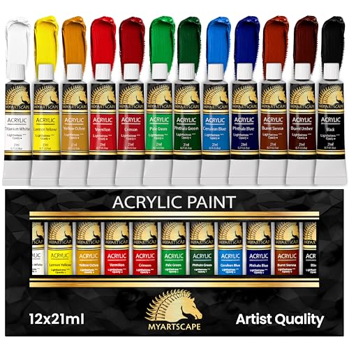 MyArtscape Heavy Body Acrylic Paint Set 12 Colors x 21ml Rich Pigment for Canvas Wood & Fabric | Non-Toxic ASTM D4236 | Art Supplies for Adults & Beginners