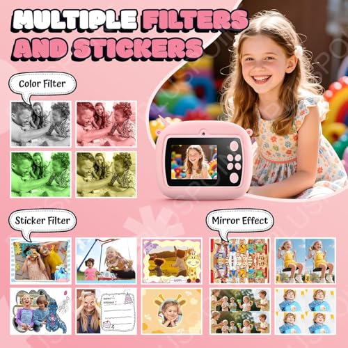 Image of PLUSPOINT Instant Print Cute Cartoon Camera for Kids, Dual Selfie Digital Camera with 1080P HD Videos Recoding, Instant Photo Printer Best Birthday Gift for Boys and Girls