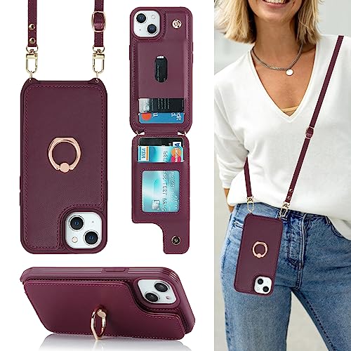 Image of for iPhone 14 Case with Card Holder and Strap for Women,Crossbody Lanyard,RFID Blocking,Stand Ring Kickstand,Snap Clasp,Phone Wallet Cases 6.1 inch(Wine Red)