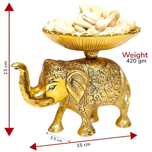 Image of KridayKraft Metal Elephant Dry Fruit Bowl Showpiece Gold Polish for Your Home,Office Table Decorative,Elephant Showpiece Bowl for Gift,Animal Figurines