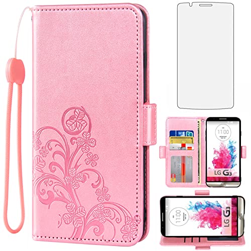 Asuwish Compatible with LG G3 Wallet Case and Tempered Glass Screen Protector Flip Purse Accessories Wrist Strap Credit Card Holder Stand Cell Phone Cover for LGG3 LG3 D850 D851 Women Men Rose Gold