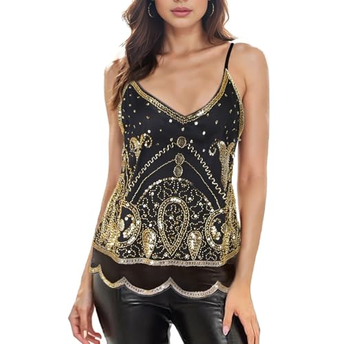 Vijiv Women's 1920s Inspired Beaded Sequin Top Shimmer Glitter Blouse V Neck Tank Top Formal Gatsby Shirt