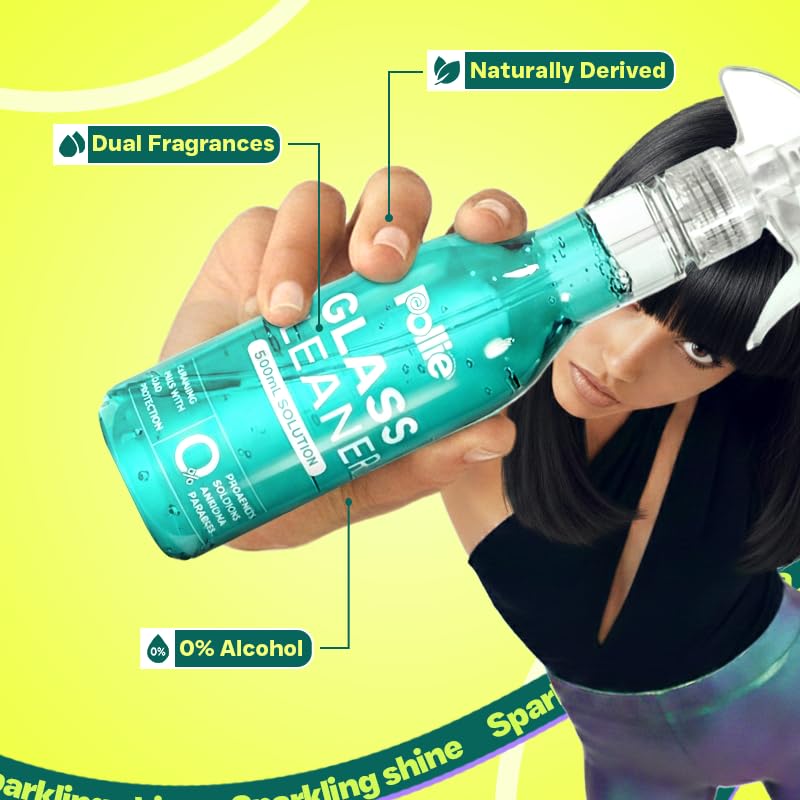 Image of Pollie Glass Cleaner 1.5L | 1 Empty Bottle + 3 Refill Sachets | 1 Sachet Makes 500mL | Gadgets, Electronics, Cars Mirror, Kitchens, Bathrooms & Other Surfaces | Dual Fragrance, Alcohol-Free Formula