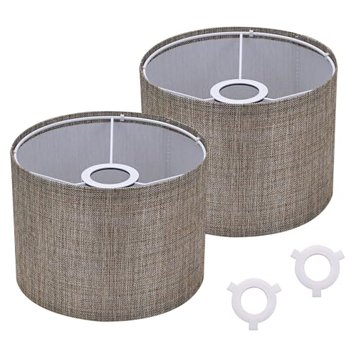 Lot de 2 abat-jours tambour en lin taupe - 20 cm de diamètre x 15 cm de hauteur - Abat-jour de rechange avec raccord araignée et anneau réducteur E14 - Pour...
