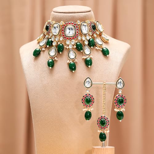 Image of Rubans Necklace Maangtikka Set Gold Plated Kundan & Pearl Jewellery Gift for Women & Girls
