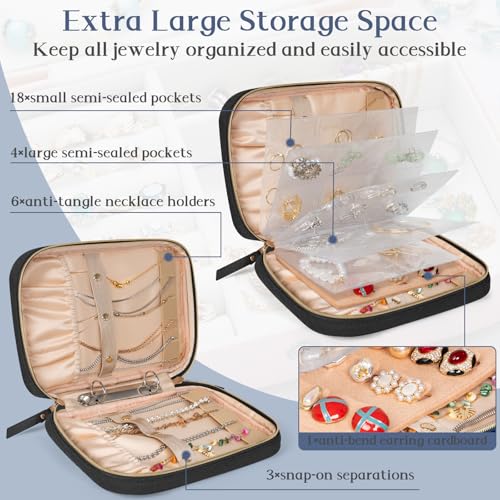Image of Travel Jewelry Box, Small Zipper Jewelry Boxes, Portable Jewellery Storage Holder Display, Storage Ring Binder, for Rings, Earrings, Necklaces, Bracelets, Black