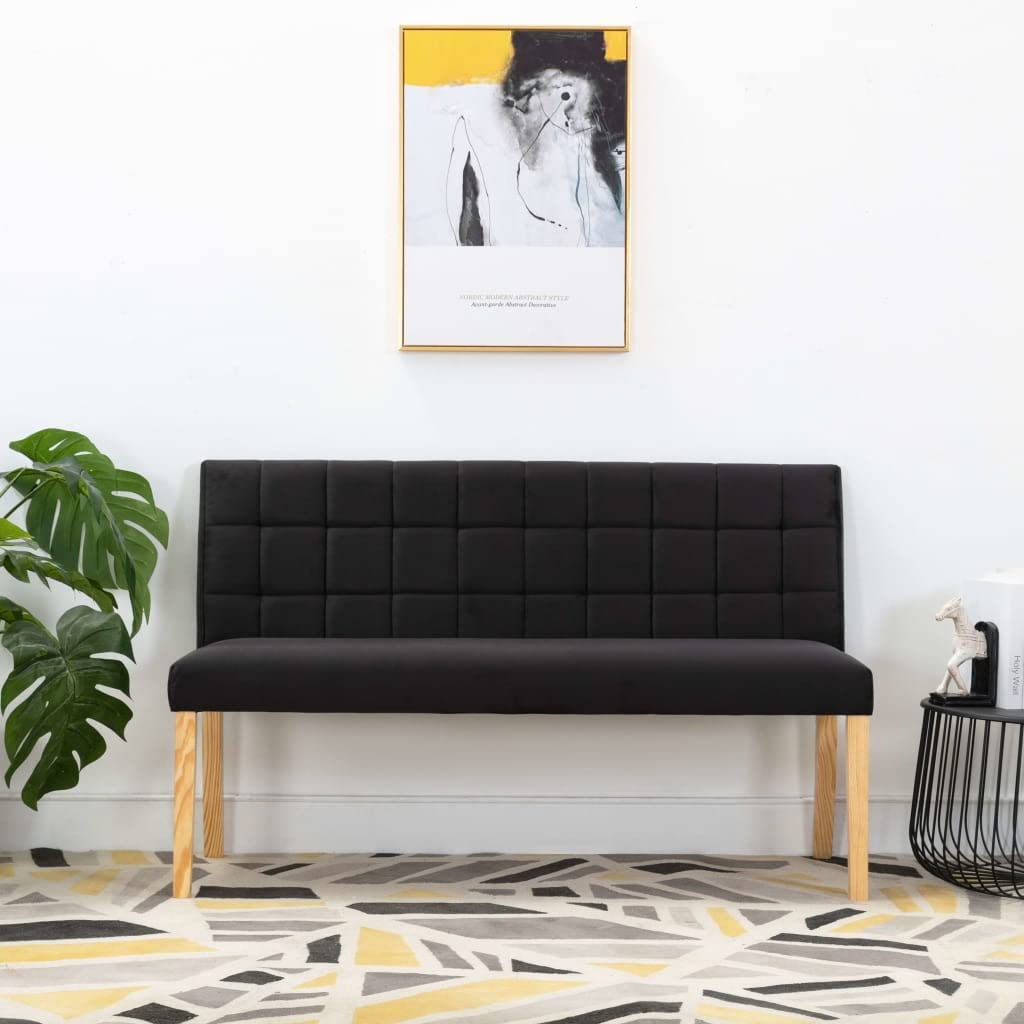 Banco de terciopelo negro con patas de madera y respaldo de 140 cm en elegante diseño acolchado para pasillo y salón