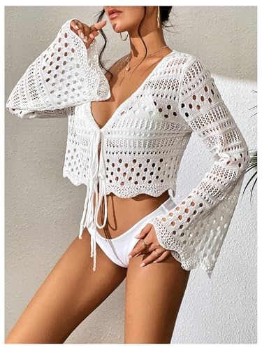 Milumia Women's Hollow Out Tie Front Cover Up Flare Sleeve V Neck Crochet Kimonos2