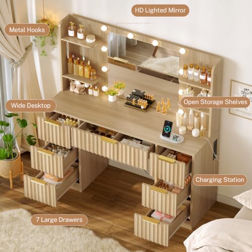 Image of FIONESO Fluted Vanity Desk with Mirror and Adjustable LED Lights & Power Outlet, Makeup Vanity Desk with 7 Drawers,4 Shelves and 5 Hooks, Vanity for Girls, Natural Oak