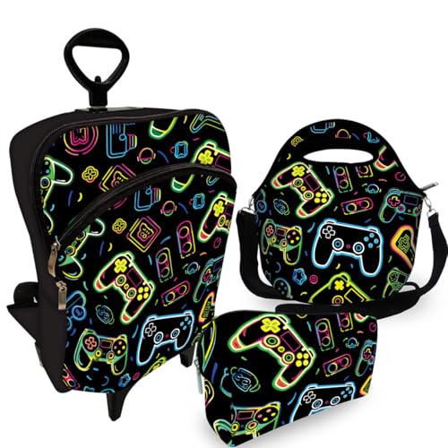 Kit Mochila de Carrinho C/Roda Infantil + Lancheira + Estojo Games Neon