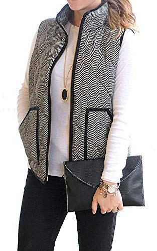Vocni Women's Stand Collar Lightweight Zip Quilted Vest Herringbone Puffer Vest Sleeveless Padded Jacket Vest Black&White for Winter