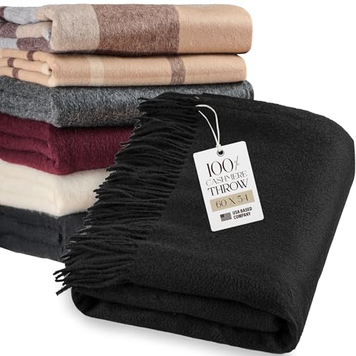 Velanio Cashmere 100% Cashmere Throw Blanket with Fringe 60 x 54 Inch Super Soft Warm for Home...
