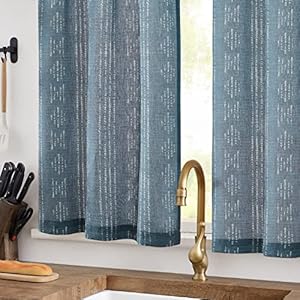 Jinchan boho kitchen curtains linen tier curtains 36 inch bohemian cafe geometric striped mudcloth small window drapes light filtering farmhouse country rustic for bathroom rv 2 panels blue  urban country home decor