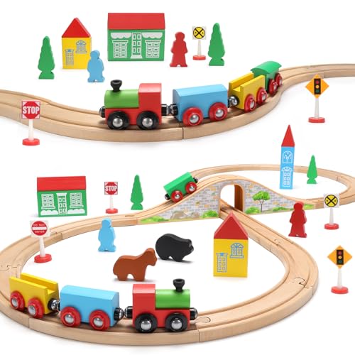 SainSmart Jr. Wooden Train Set for Toddler with Double-Side Train Tracks Fits Brio, Thomas, Melissa and Doug, Kids Wood Toy Train for 3,4,5 Year old Boys and Girls