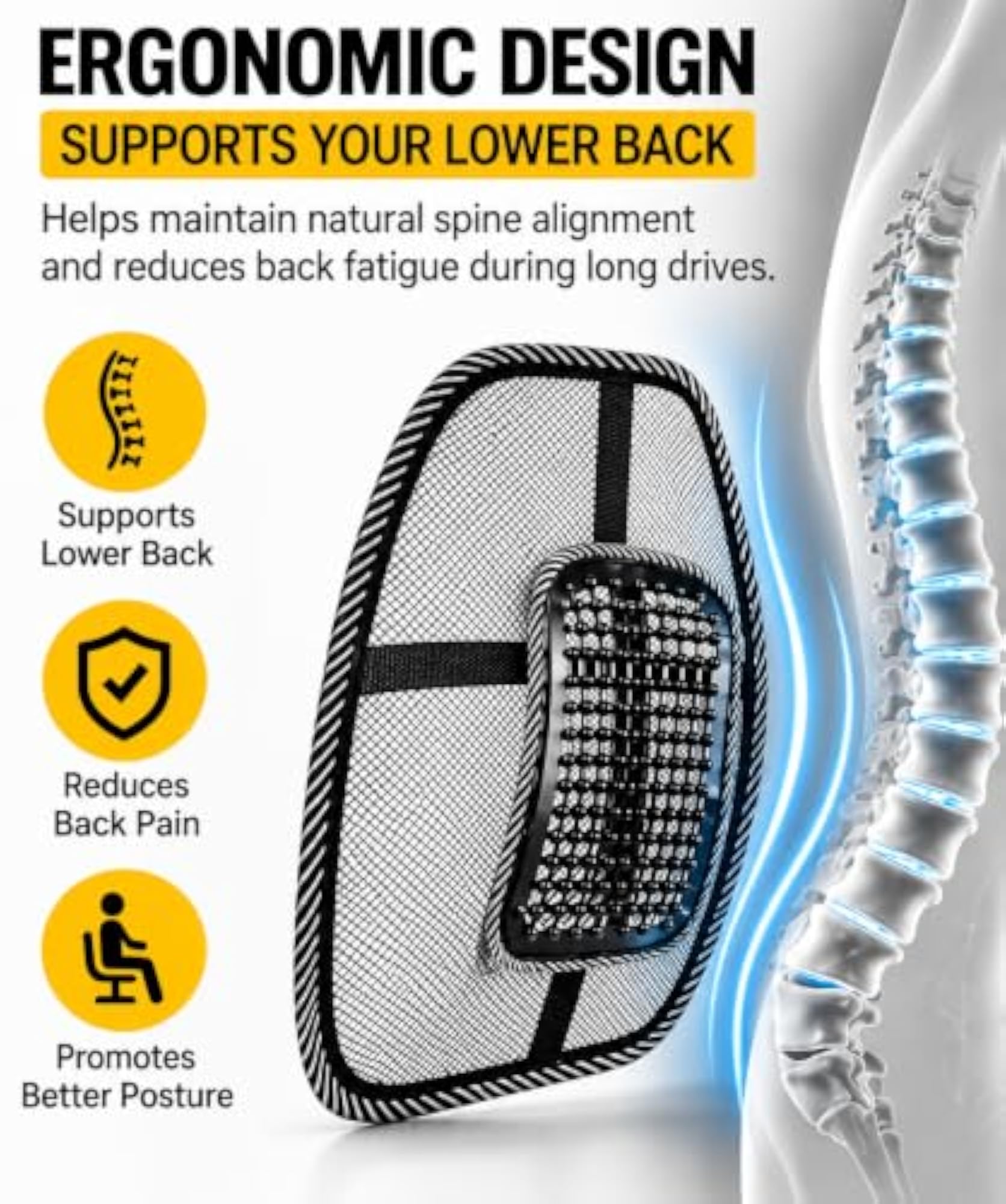 Car Back Support Cushion for Seat, Breathable Mesh Lumbar Support