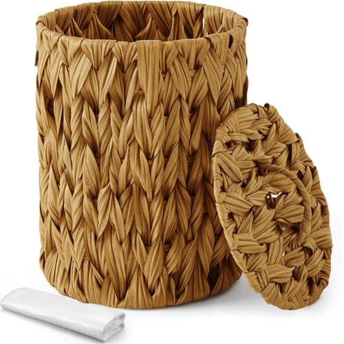 Image of Ctosree 1.3 Gallons Small Trash Can with Lid Handle Boho Woven Braided Bathroom Waste Basket Trash Can with 100 Garbage Bags for Bedroom Office Laundry(Braided Polypropylene, Caramel Color)
