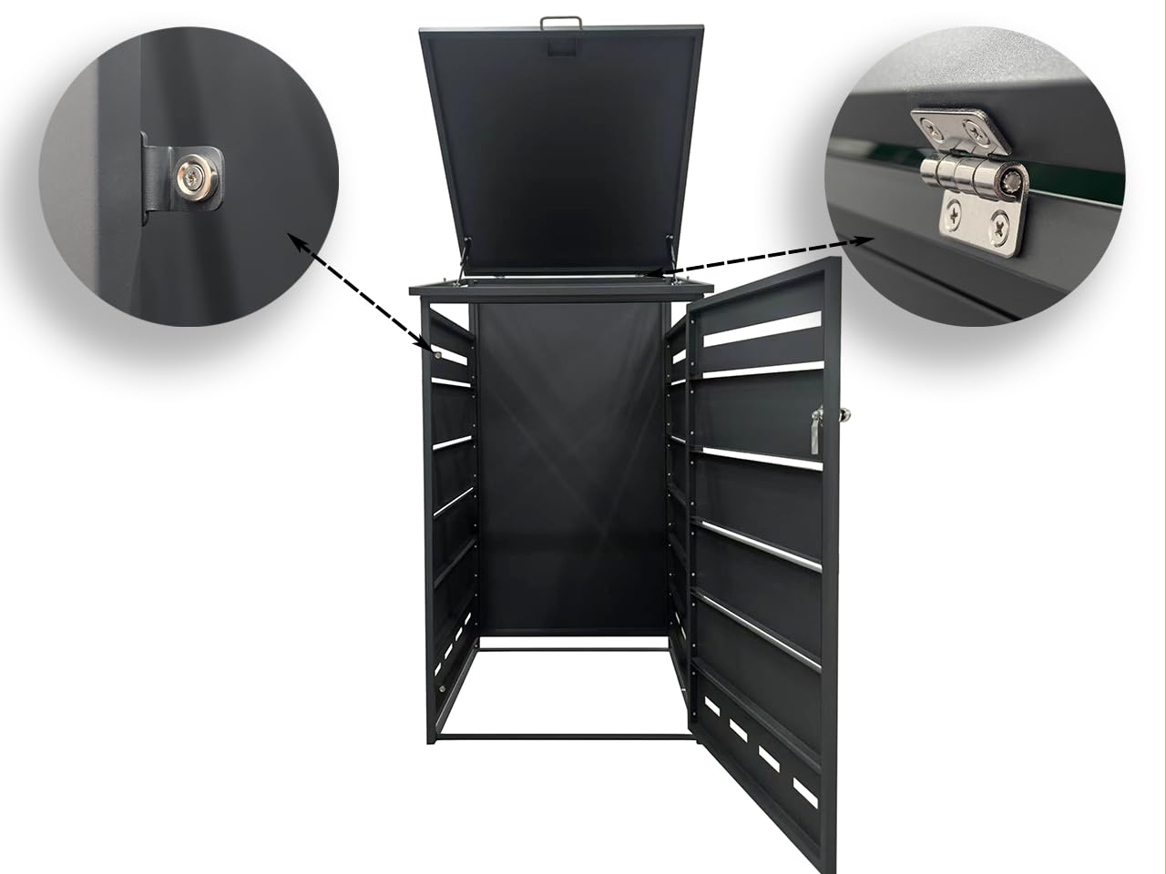 Cobertizo para Cubo de Basura D04GW1, Armario Metálico Exterior para Contenedores de 60L 120L y 240L, Cubierta Moderna con Ventilación y Apertura Superior, Antracita/Marrón, 130,5 x 77,5 x 73 cm