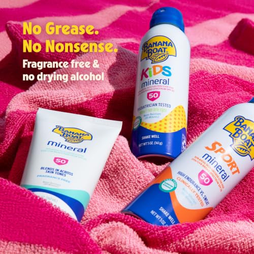 Image of Banana Boat Sensitive Mineral Sunscreen Lotion SPF 50, 5 Fl Oz | Zinc oxide sunscreen, 12 moisturization, Non-greasy, Sweat and water resistant sunblock, UVA /UVB broad spectrum protection
