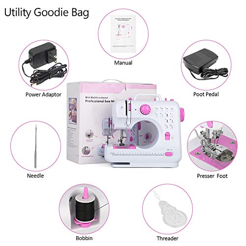 RZChome 12 Stitch Sewing Machine, Portable Household Easy to Use for Beginners Pink Sew 2 Speed with Upgrade