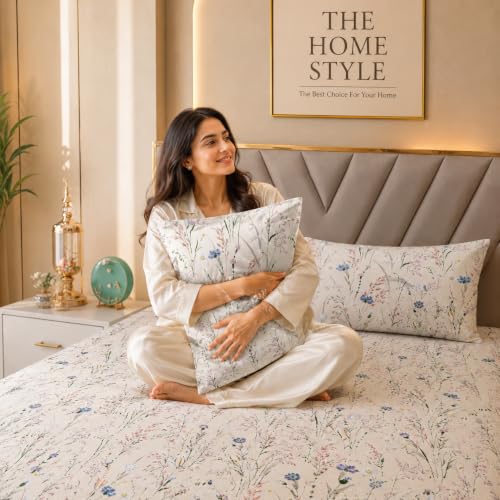 Image of THE HOME STYLE Super Soft Glace Cotton King Size Printed Pillow Covers ll Pillow Cases ll Set of 2 Piece- 18 inchx 28 inch Inches (Ivory Wildflower)