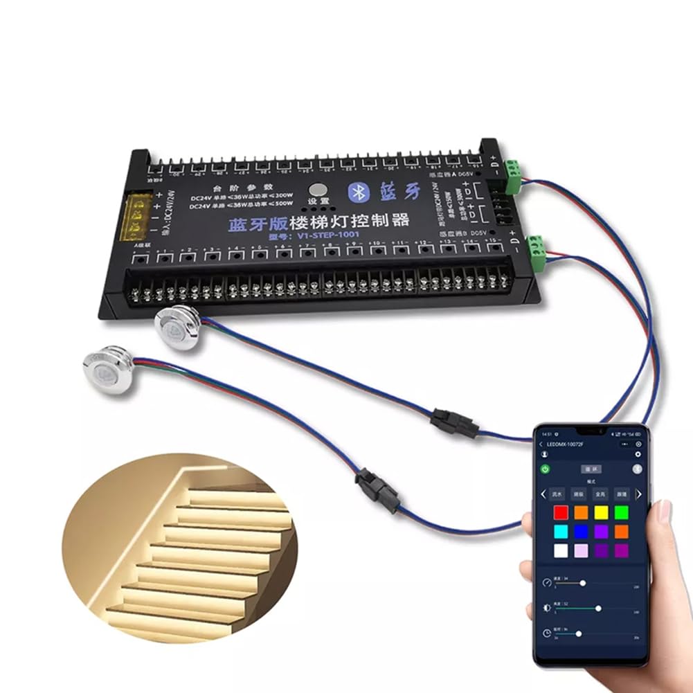 Control de teléfono Pir sensor de movimiento controlador de luz de escalera DC12V 24V 30 pasos escalera LED controlador de luz