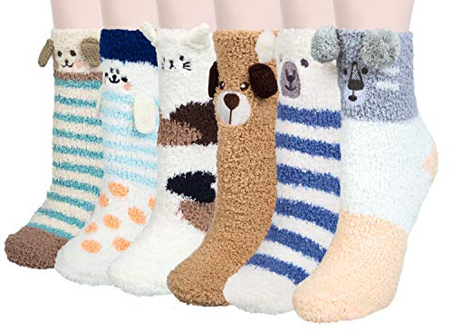 Loritta 6 Pairs Womens Fuzzy Christmas Socks Soft Warm Winter Cozy Fluffy Slipper Socks Gifts,Multicolor 09