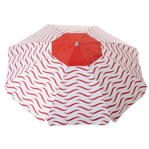 Sombrilla Playa Grande Antiviento Protección UV 50+ con Pincho (Olas Rojas, 160 cm.)
