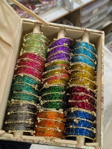 Image of Multicolour glass bangles with ghungroo bangles combo set of 12 dozen with organiser box, bridal bangle sets, wedding gift boxes, jewellery sets festive
