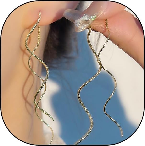 Long Wavy Drop Dangle Threader Earrings for Women, 14K Gold Spiral Twisted Statment Earrings Minimalist Aesthetic Ear Jewelry Accessories Gifts