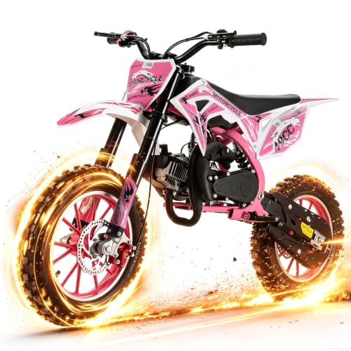 Image of 2026 New 50cc Dirt Bike for Kids 2-Stroke, Toddler Gas Powered Mini Bike with Front Rear Disc Brakes, Speeds up to 40KM /H, Gas Motorcycle for Children, Ideal Gifts for Boys Girls, Blue (Pink)
