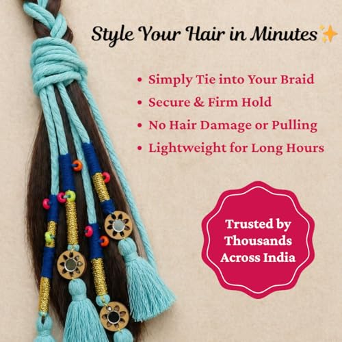 Image of Zippy Flora Neelima Handmade Boho Parandi (Sky Blue) | Traditional Punjabi Cotton Paranda Hair Accessory with Braid Tassels | Women's Ethnic Hair Extension for Choti, Braids & Patiala Shahi Hairstyles