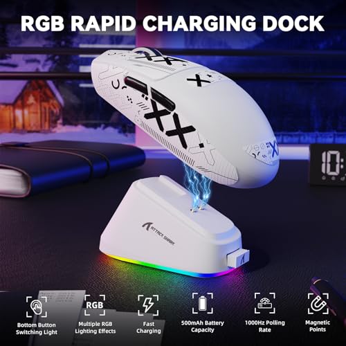 Image of MAMBASNAKE ATTACK SHARK G3PRO Wireless Gaming Mouse with RGB Magnetic Charging Dock,Tri-Mode-2.4G /USB-C Wired /BT, 25K DPI,PAW3311 Optical Sensor,59g Ultra Lightweight,Slip Grip Tape for PC /Mac(White)