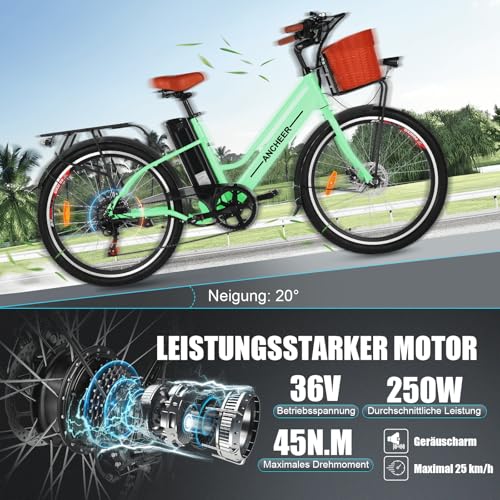ANCHEER 26" E-Bike für Erwachsene, 7 Gang Elektrofahrrad mit Abnehmbarem 36V 10.2Ah Akku, 25 km/h und 70–100km Reichweite E-Bike mit Korb für Städtische Pendler, Männer und Damen – Bild 4