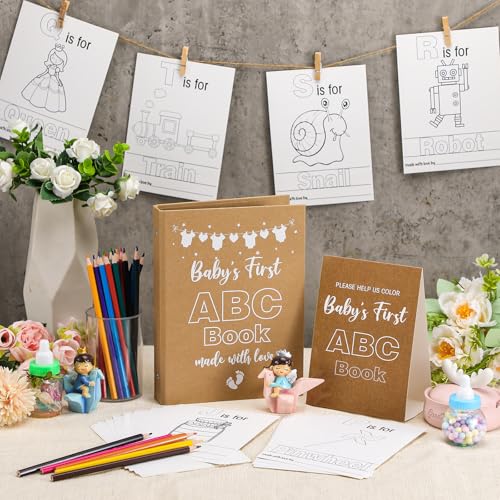 Quzzil Baby Shower Activity Games Kraft Paper First ABC Book Keepsake for Adult Baby Shower ABC Coloring Guest Book Alternative 26 Alphabet a to Z Coloring Card with 24 Pencils 60 Clothespins by Quzzil - Image 2