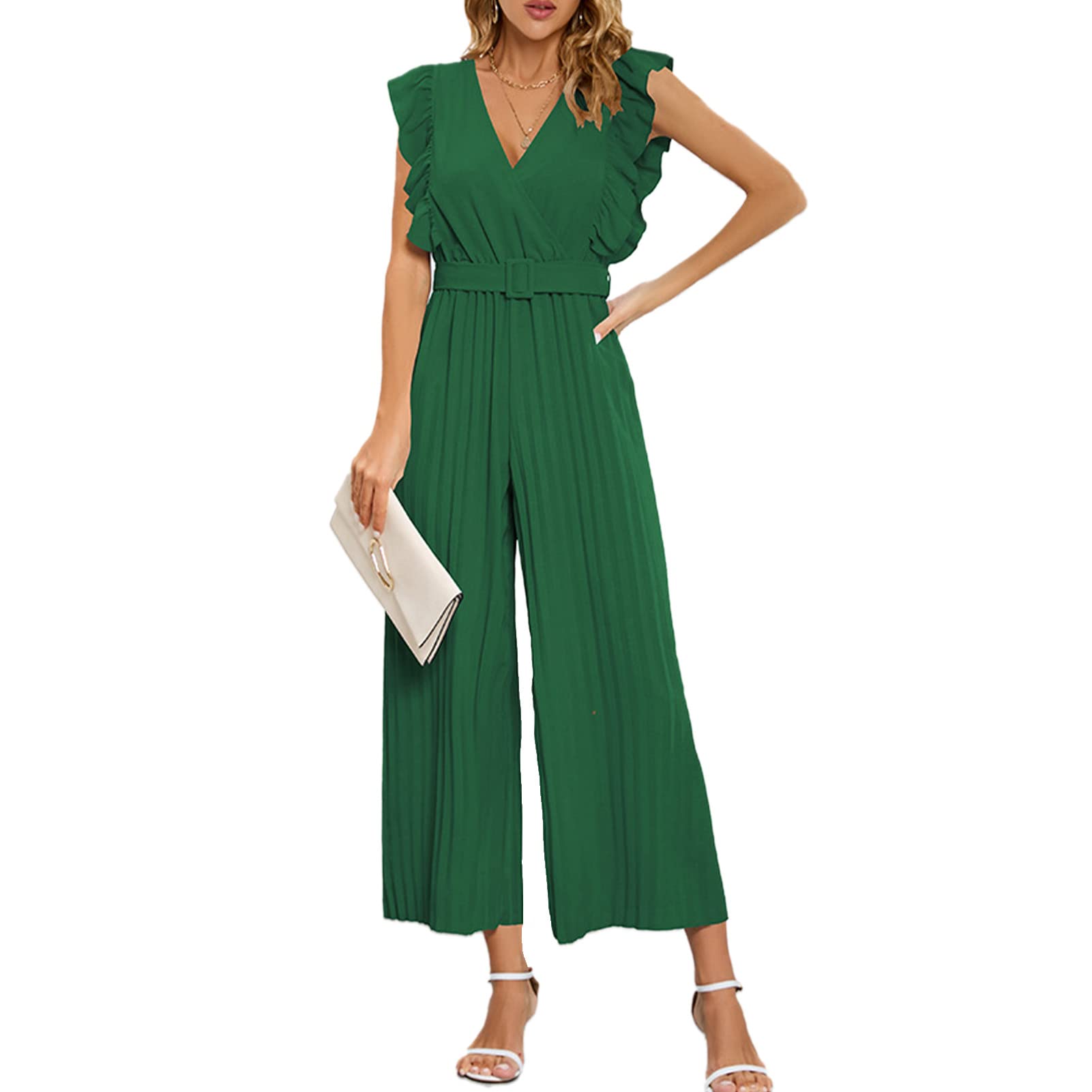 Ausla Mono Elegante sin Mangas para Mujer, Escote en V Profundo, Plisado, Pierna Recta, Monos de Fiesta con Cintura
