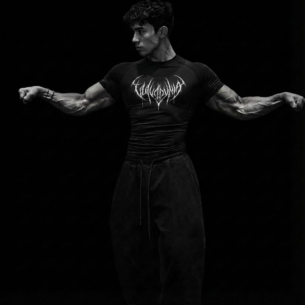 Enstasis Black Compression Shirt for Men – Cybersigil Design, Gym Fitness Top, Moisture-Wicking Athletic Wear