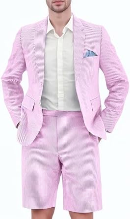 Seersucker Suit Mens Regular Fit Jacket Shorts Casual 2 Piece Pinstripe Suit Holiday Outfits for Summer Wedding