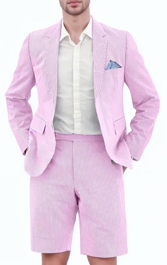 Seersucker Suit Mens Regular Fit Jacket Shorts Casual 2 Piece Pinstripe Suit Holiday Outfits for Summer Wedding