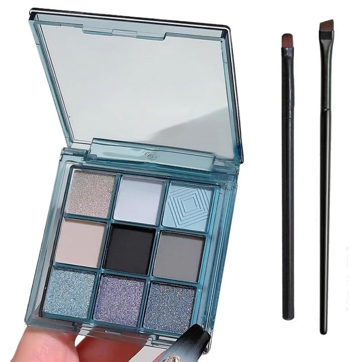 Blue Eyeshadow Palette - Highly Pigmented Glitter Shadow With 2 Brushes, Long-Lasting Waterproof Powder Makeup for Women and Girls