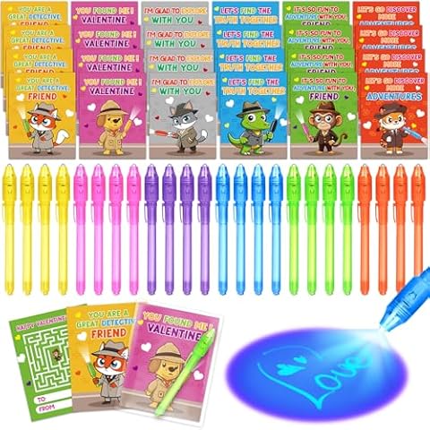 24 Pack Valentines Cards for Kids with Invisible Ink Pens, Valentine's Greeting Cards for Kids School Classroom Valentine's Gifts Exchange, Magic Spy Pen Valentines Party Favors Prizes for Girls Boys Cover