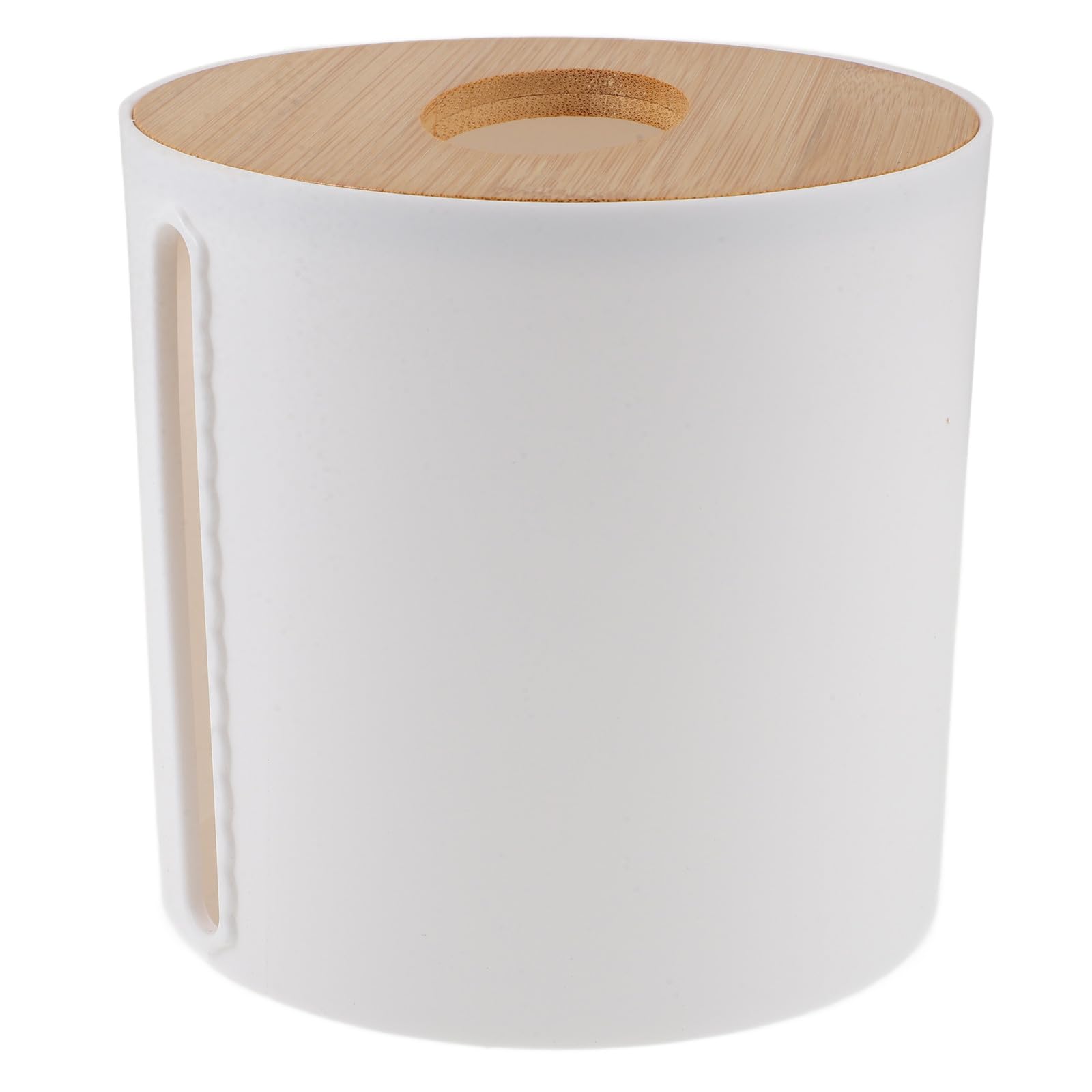 SHINEOFI Circular Roll Paper Holder with Bamboo Wooden Lid, White round Tissue Dispenser Box for Bathroom and Kitchen Countertop, Reusable Paper Organizer for Toilet and Washroom Storage