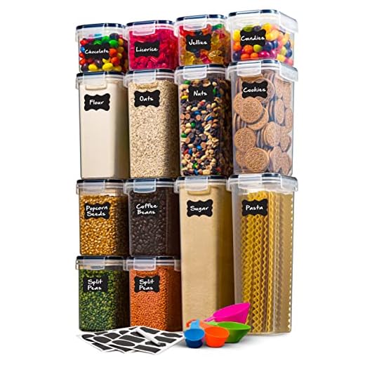 14 Pack Airtight Food Storage Container Set - BPA Free Clear Plastic Kitchen and Pantry Organization Canisters with Durable Lids for Cereal, Dry Food Flour & Sugar - Labels, Marker & Spoon Set