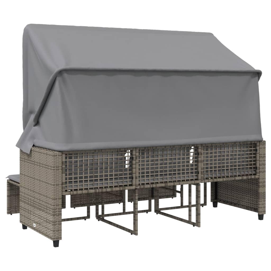 3-osobowa sofa outdoorowa z wysuwanym dachem, 2 taborety i stół, zestaw mebli ogrodowych z szarego polirattanu, odporna na działanie promieni UV, odporna na warunki atmosferyczne, na taras
