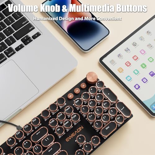 TISHLED Typewriter Style Mechanical Gaming Keyboard White LED Backlit 104-Key NKRO White Switches Retro Round Keycaps Golden Ring Volume Knob Metal Panel Wired USB-C Detachable Cable, Black - Thumbnail 5