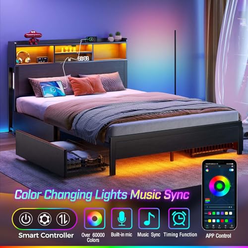Image of Rolanstar Queen Bed Frame with Storage Headboard & 4 Drawers, Metal Platform Bed with Charging Station, LED Single Bed with Side Shelf, No Box Spring Needed, Easy Assembly, Black